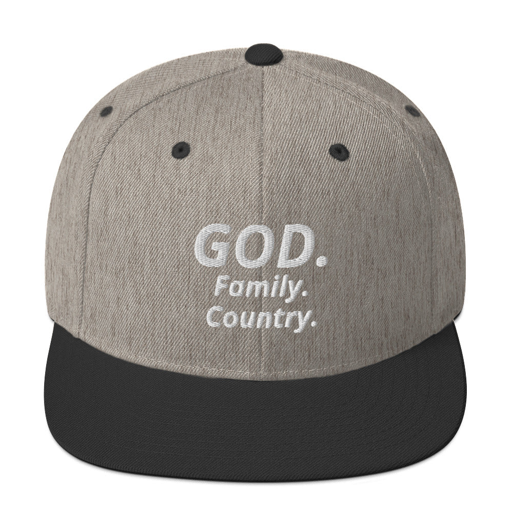 God. Family. Country. Snapback Hat (white lettering)