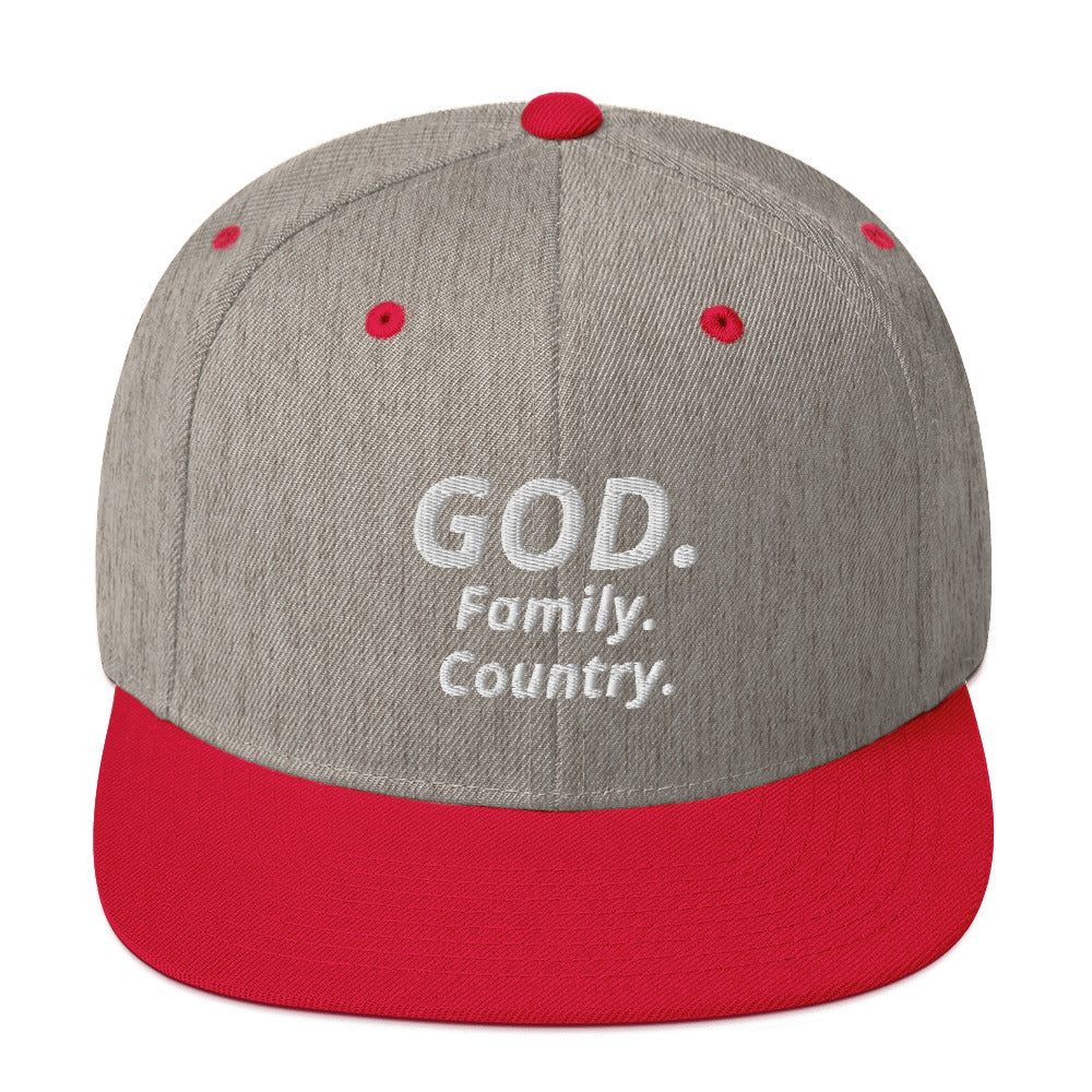 God. Family. Country. Snapback Hat (white lettering)