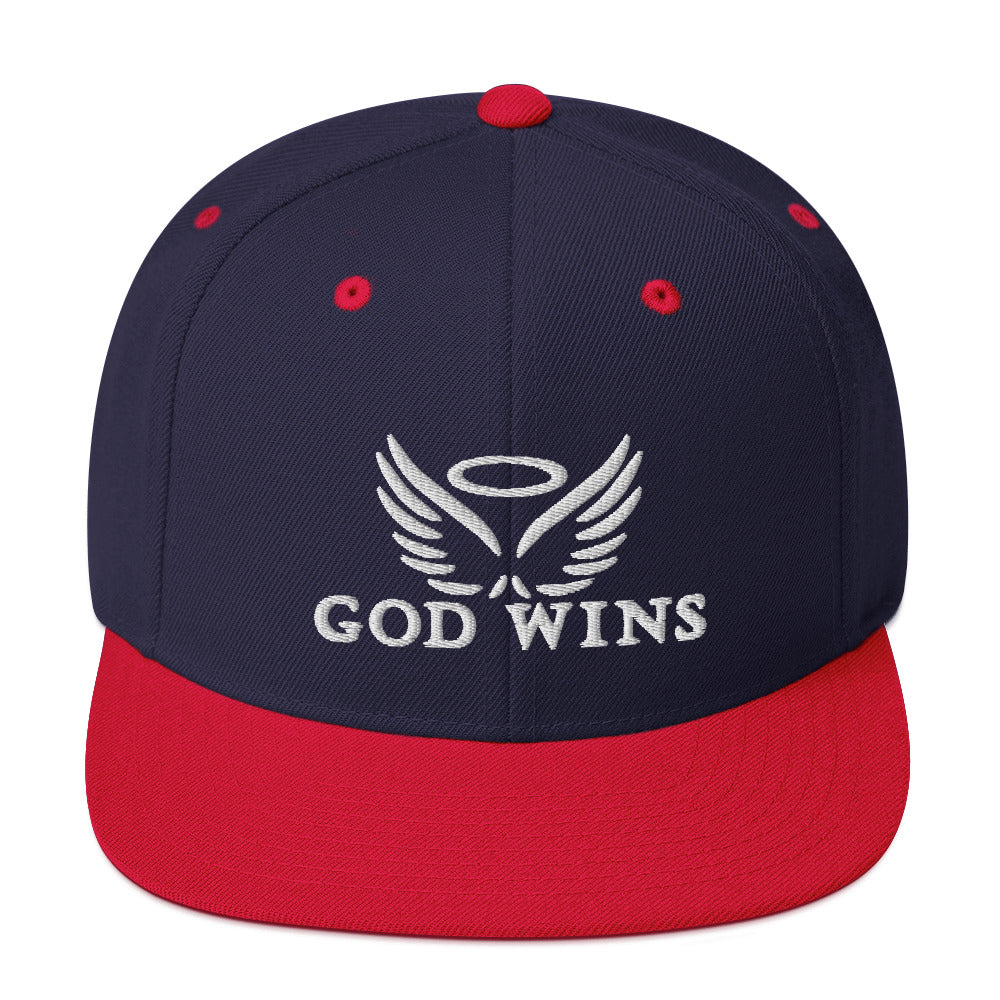 God Wins Snapback Hat w/3D PUFF white design