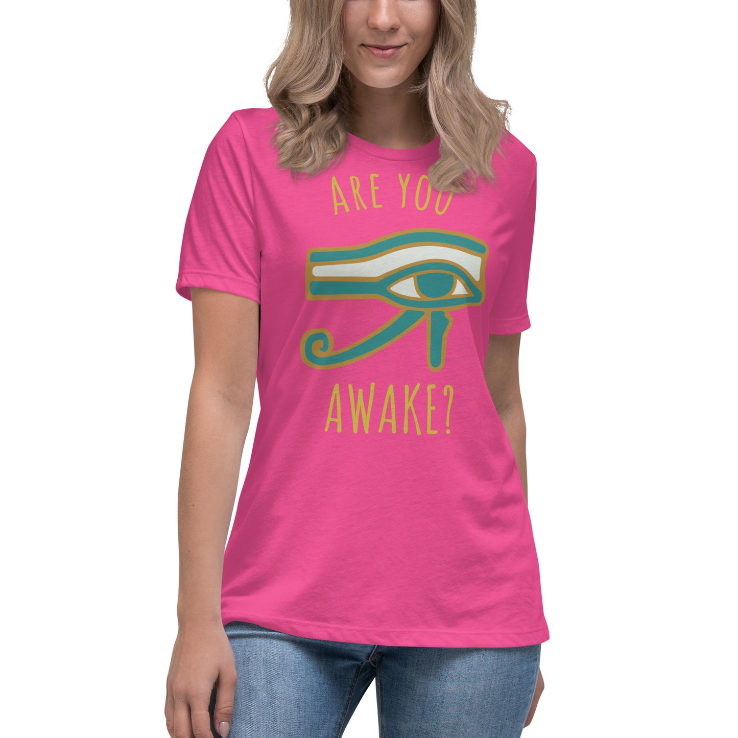 Are you AWAKE? Third Eye women's tee (gold lettering)